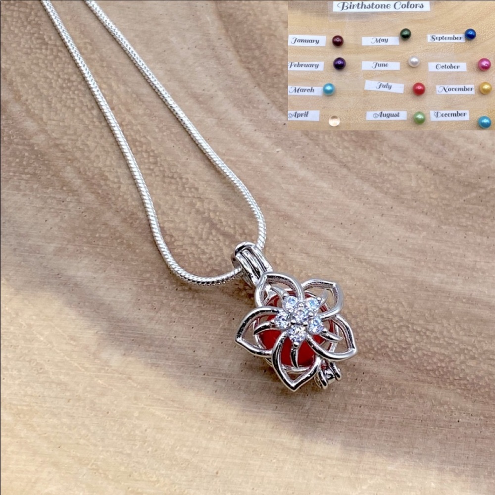 Cubic Zirconia Flower Pearl Cage Necklace, Pick A Birthstone Color